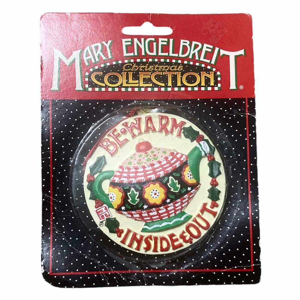 Mary Engelbreit Kurt Adler Christmas Ornament Be Warm Inside & Out Teapot Holly